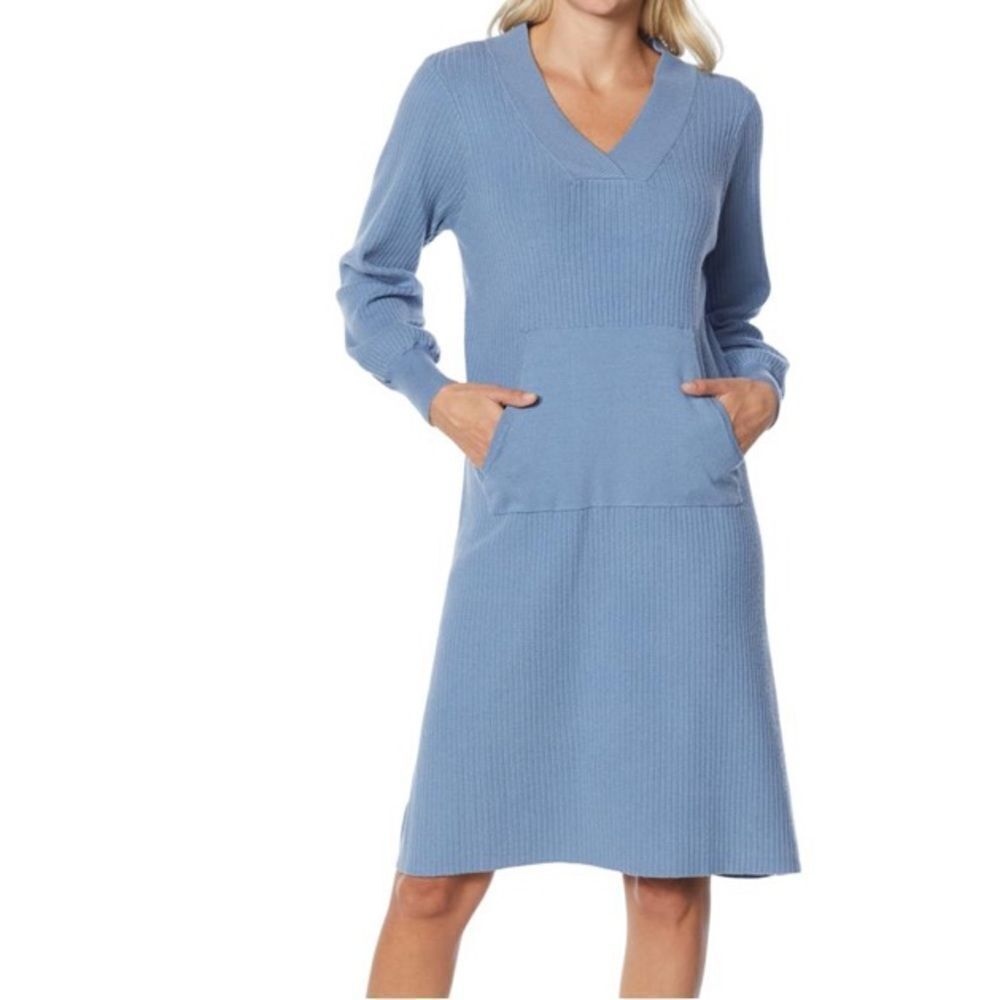 Retreat by Rhonda Shear Ribbed Knit V-Neck Midi Dress XL Denim Blue Nwt in packg